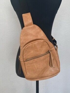 Women's Tan Leather-Look Sling Belt Bag
